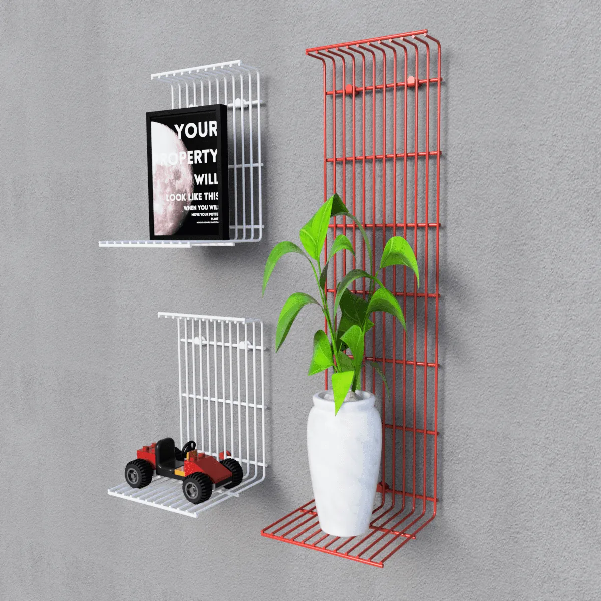 WALL DECOR SHELF 3 UNI SHELF RED, White