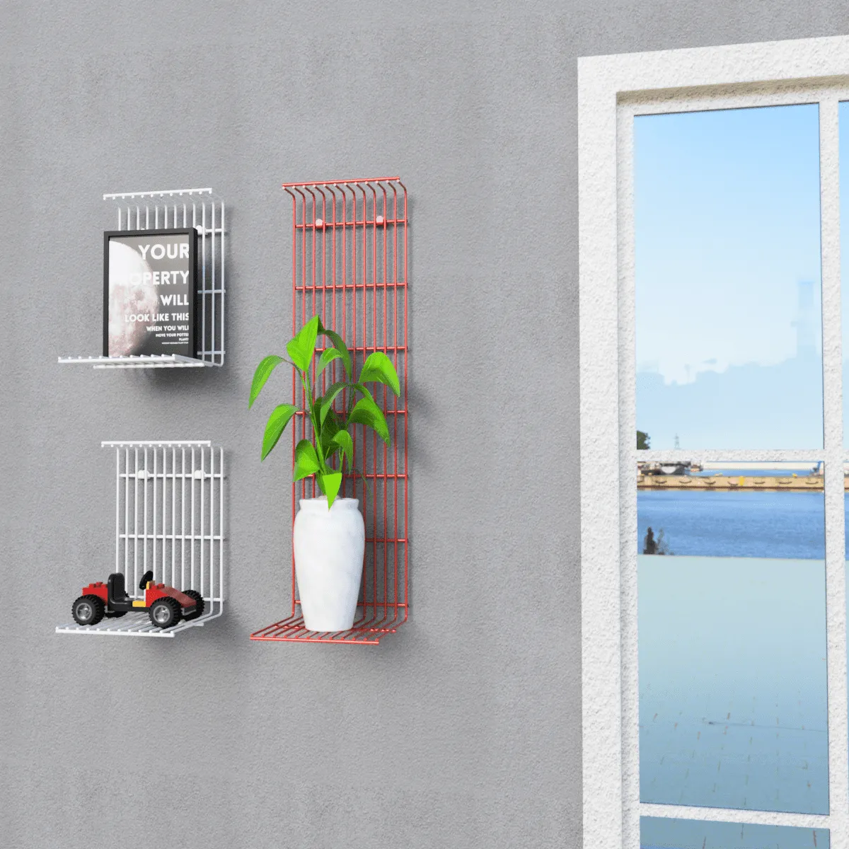WALL DECOR SHELF 3 UNI SHELF RED, White