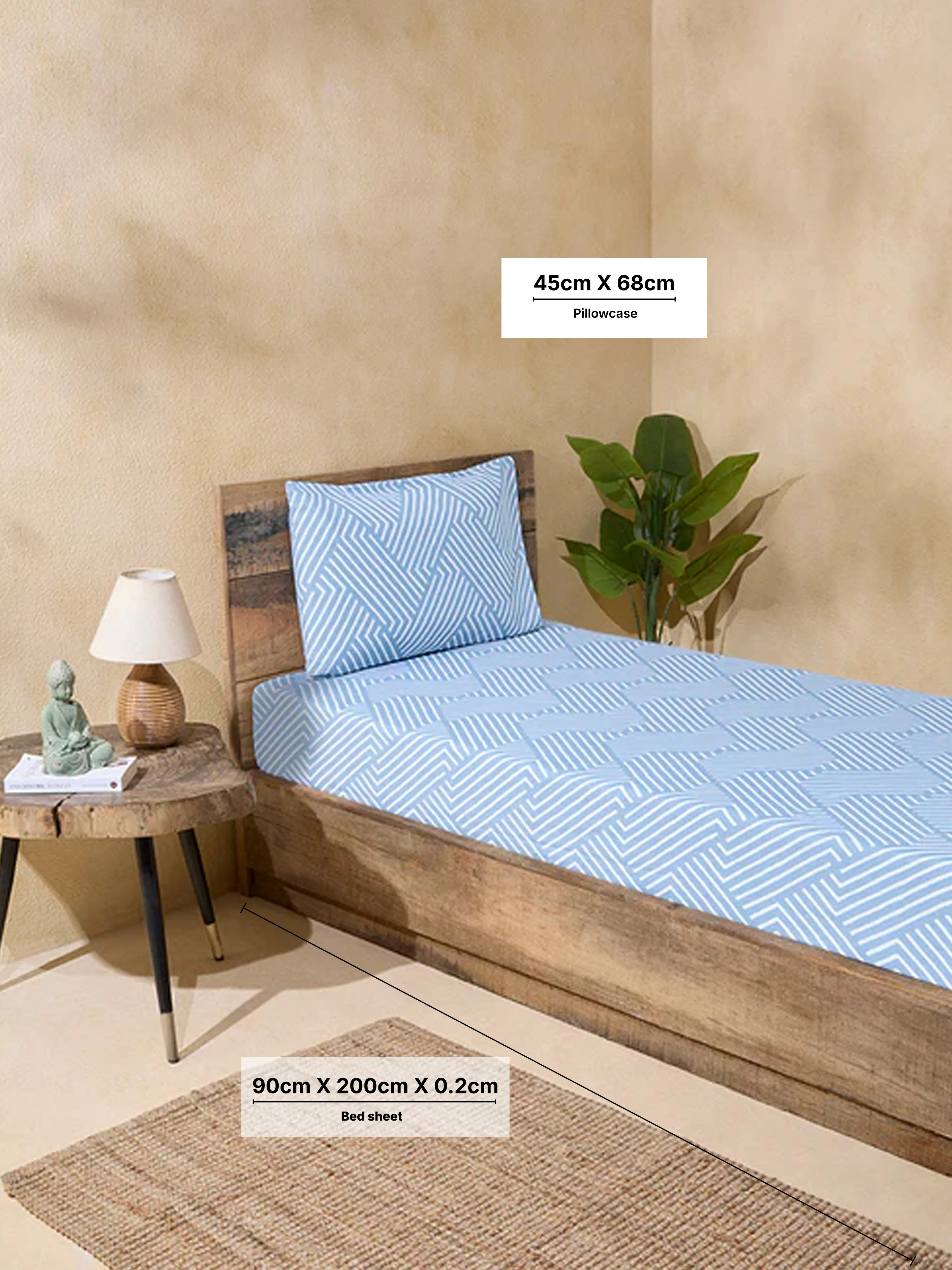 Westside Home Blue Printed Single Bed Fitted Sheet and Pillowcase Set