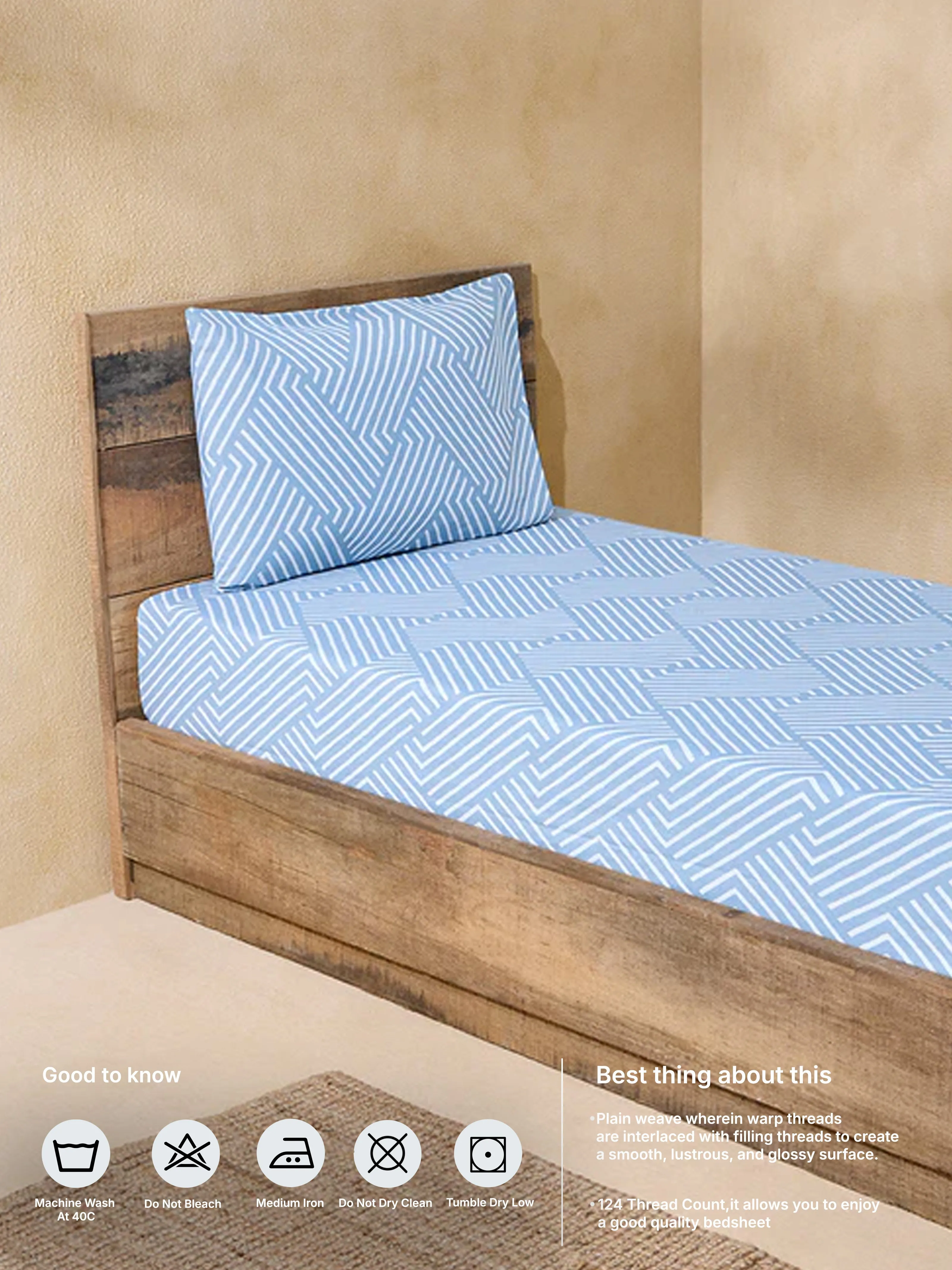Westside Home Blue Printed Single Bed Fitted Sheet and Pillowcase Set