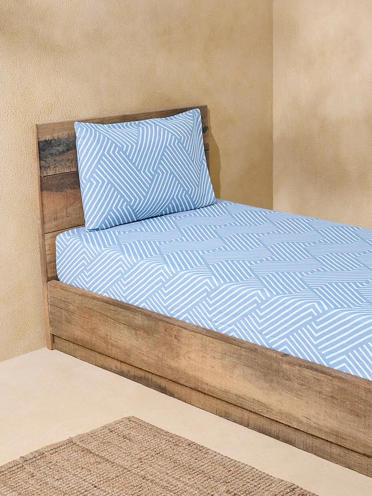 Westside Home Blue Printed Single Bed Fitted Sheet and Pillowcase Set