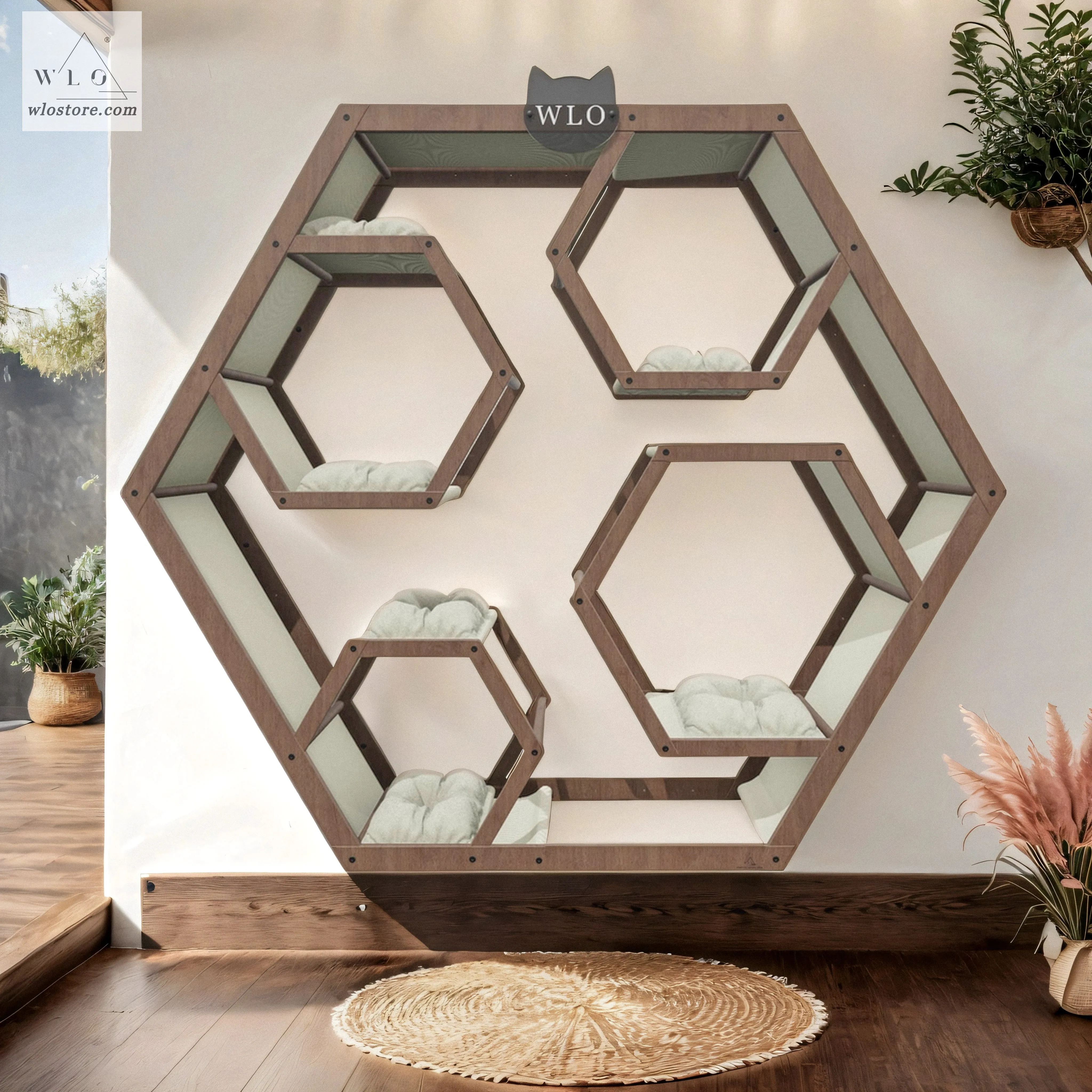WLO® Walnut Hexxon Compact Cat Shelf