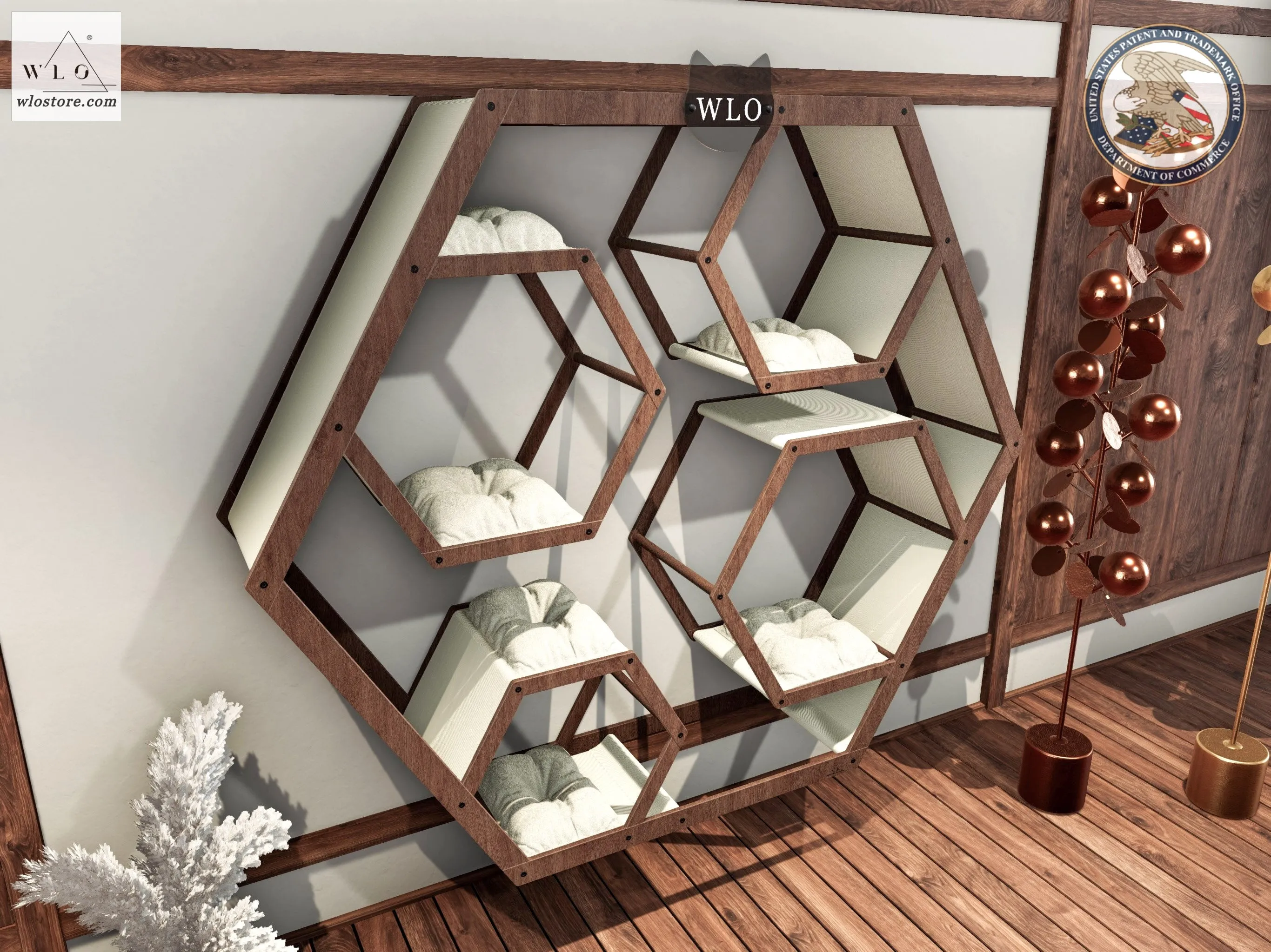 WLO® Walnut Hexxon Compact Cat Shelf