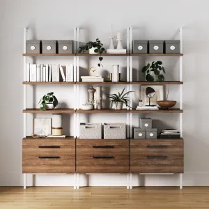 Wood Ladder Storage Bookshelves with Doors Oak Set of 3