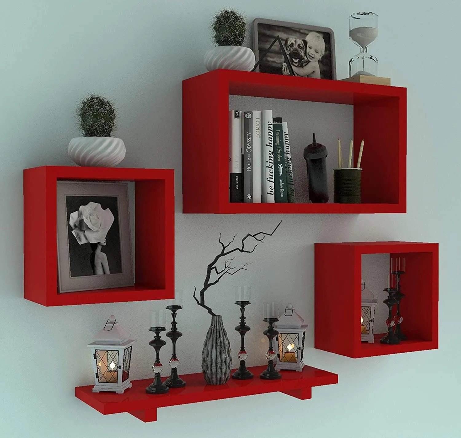 Wooden Floating Wall Shelf with 4 Shelves - MDF Wall Mounted Shelf for Living Room, Bedroom, Office Decor