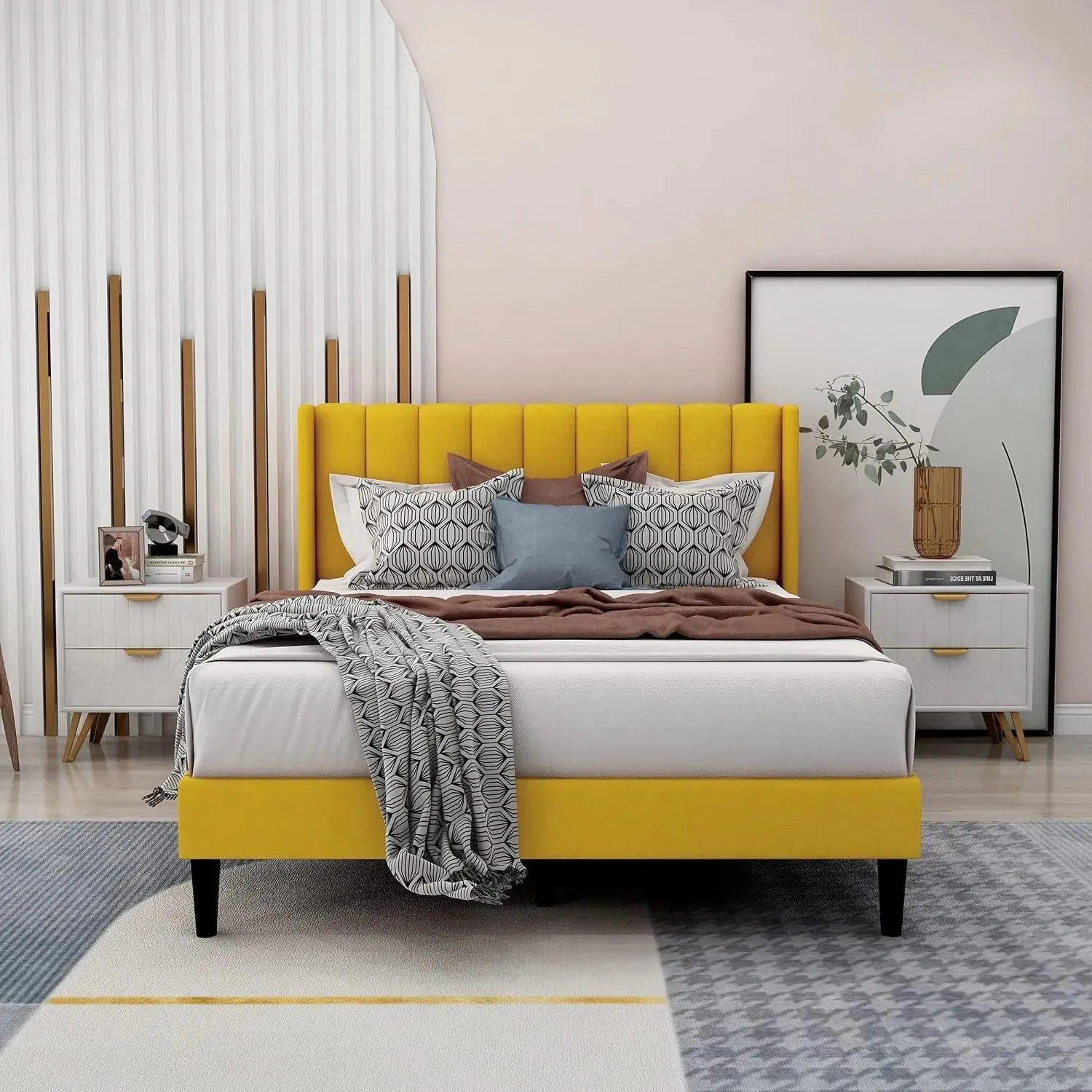 Wooden Twist Modern Rectangular Velvet Upholstery Bed with Soft Wingback Headboard ( Yellow )
