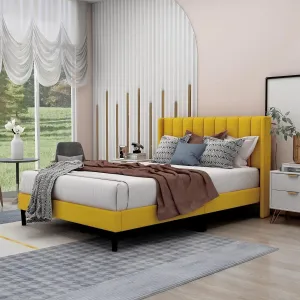 Wooden Twist Modern Rectangular Velvet Upholstery Bed with Soft Wingback Headboard ( Yellow )