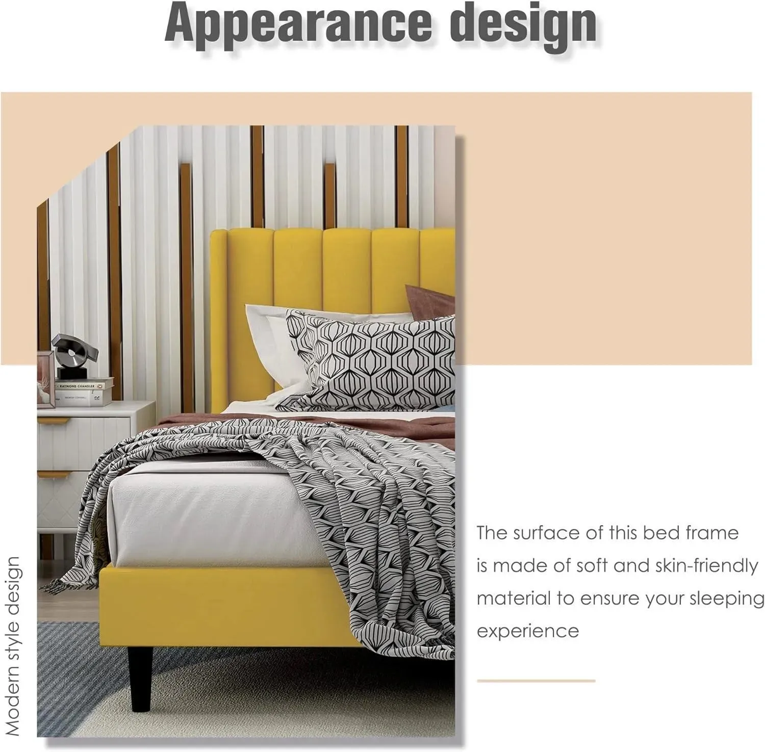 Wooden Twist Modern Rectangular Velvet Upholstery Bed with Soft Wingback Headboard ( Yellow )